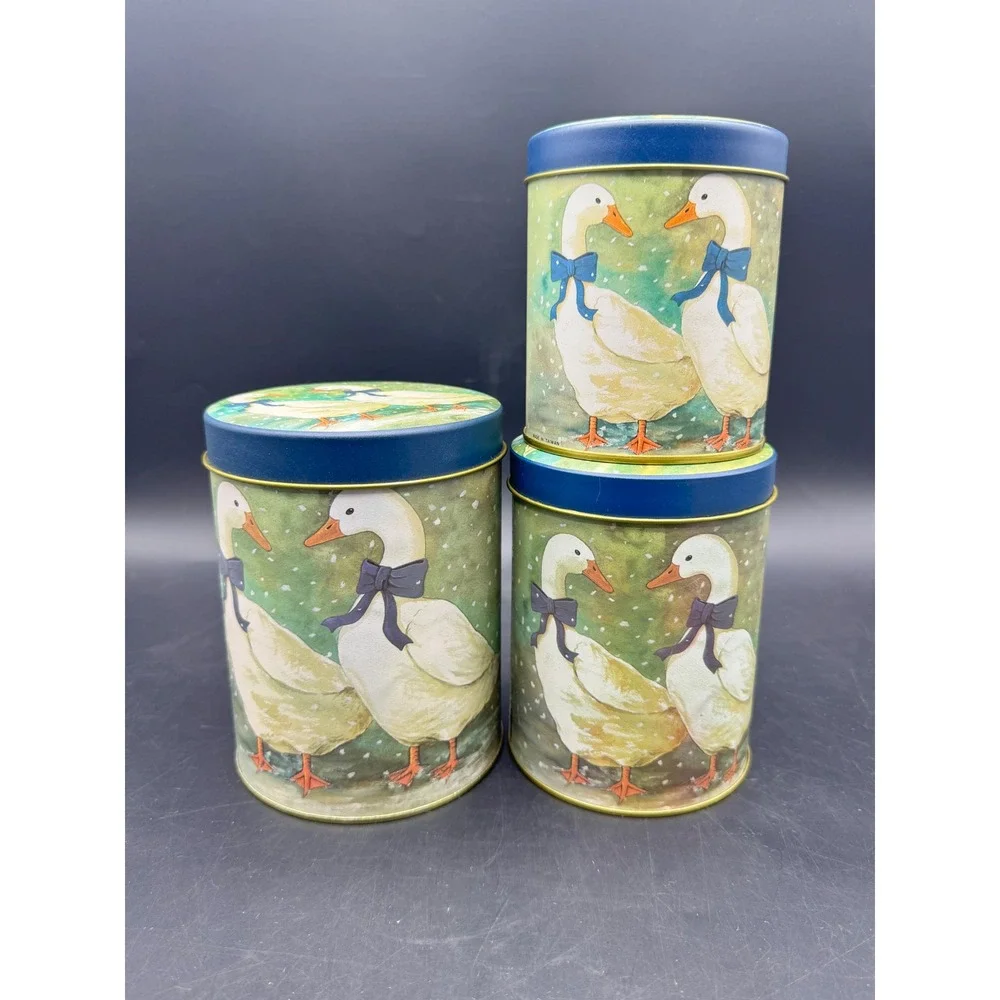 Set of 3 Goose Nesting Canisters Kitchen Storage Tins Blue Lids Farmhouse New